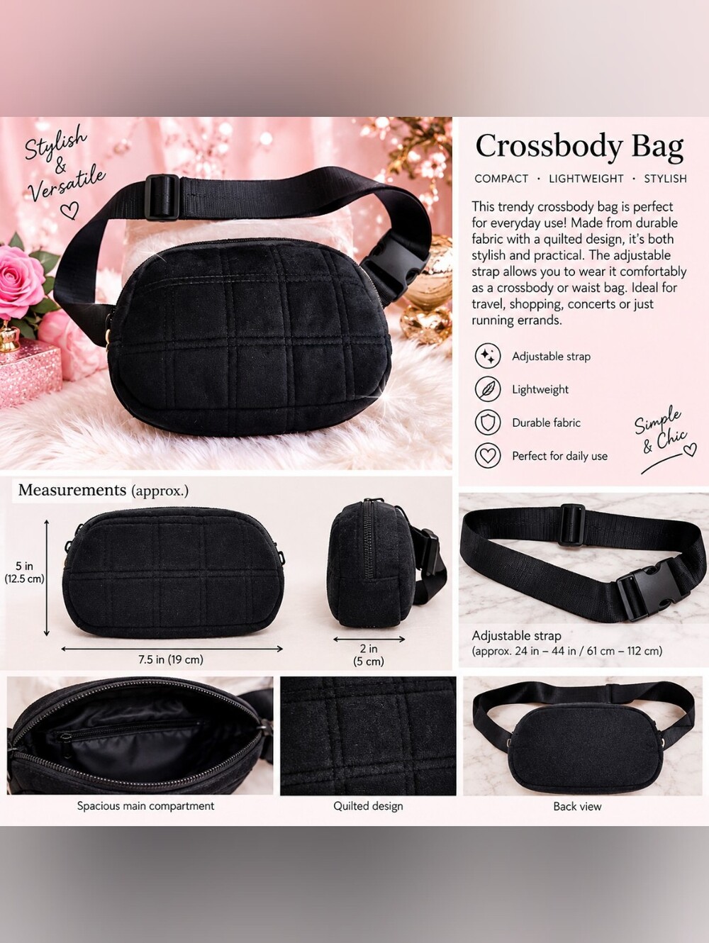 Black Quilted Crossbody Bag with Adjustable Strap "New Without Tag"